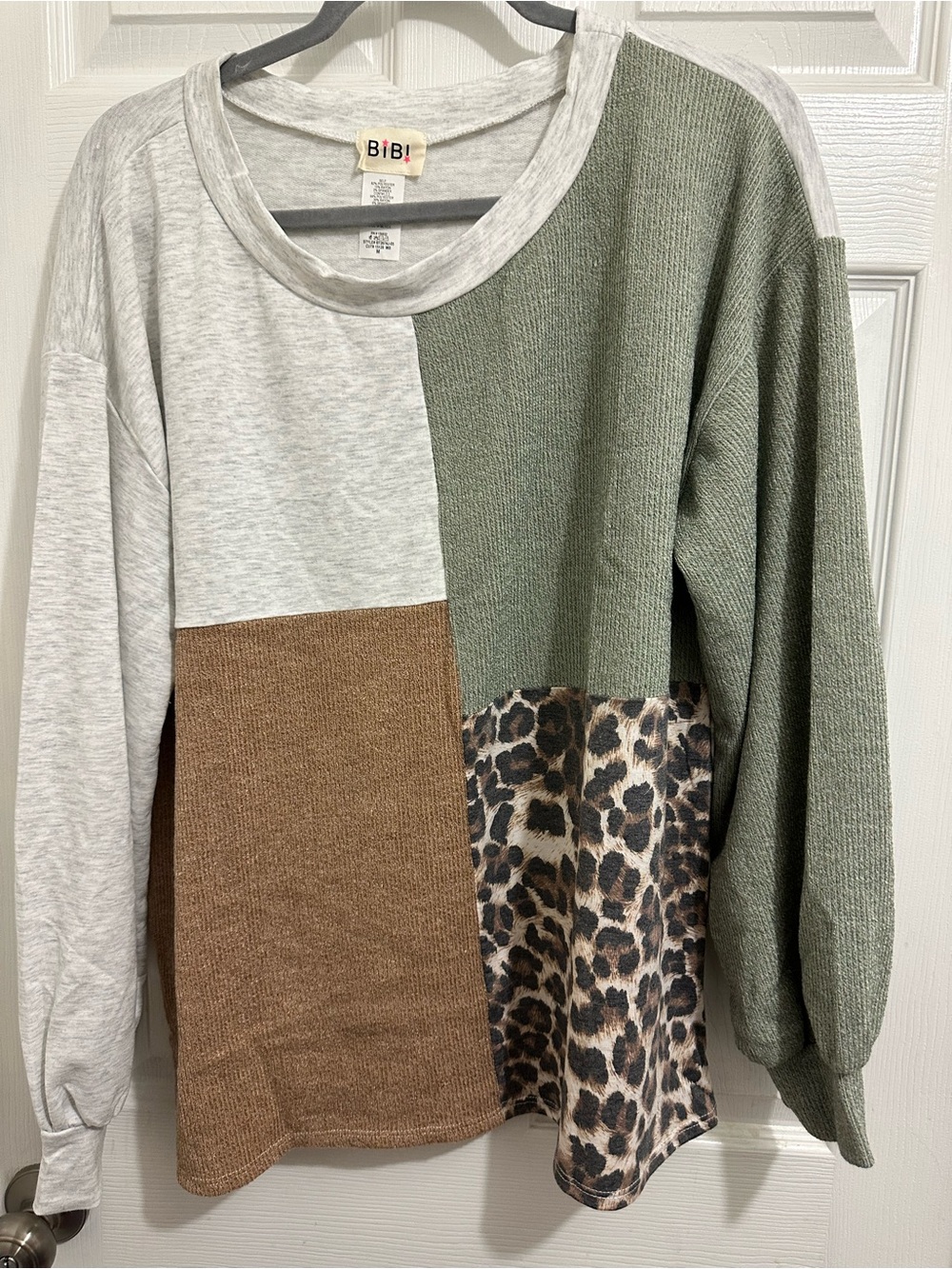 BiBi Colorblock Patchwork Sweater with Leopard Panel - Green/Tan/Gray